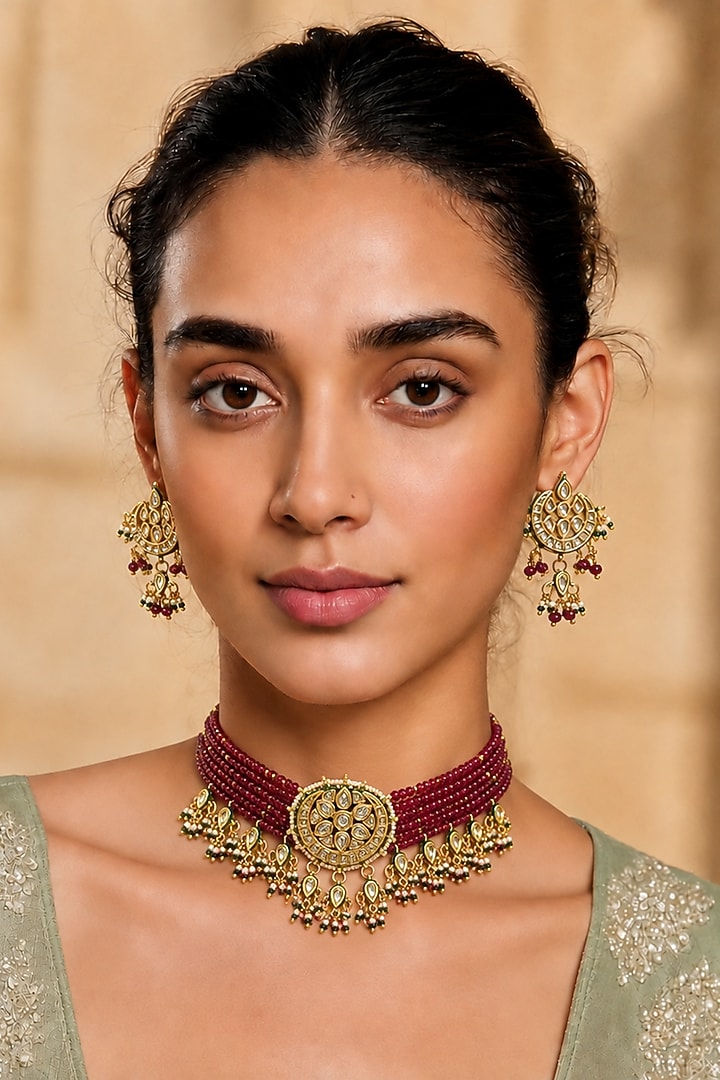 Gold Finish Kundan Polki & Red Stone Necklace Set by Tad Accessories at Pernia's Pop Up Shop