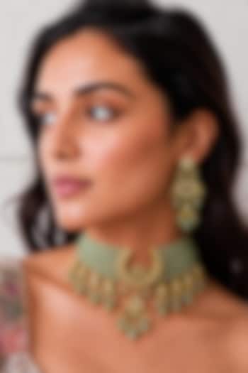 Gold Finish Kundan Polki & Mint Stone Necklace Set by Tad Accessories at Pernia's Pop Up Shop