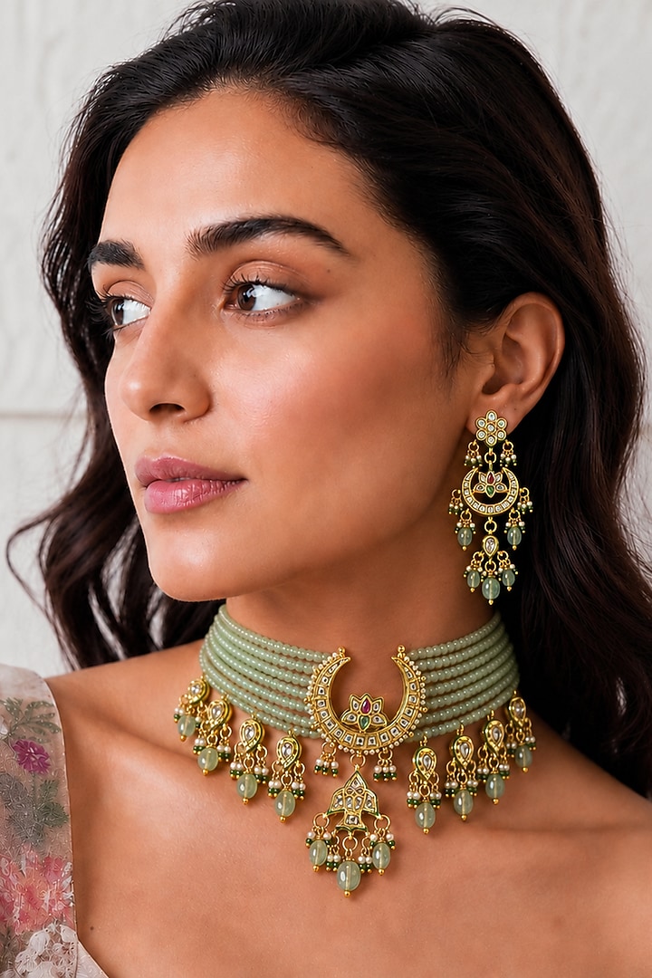 Gold Finish Kundan Polki & Mint Stone Necklace Set by Tad Accessories at Pernia's Pop Up Shop