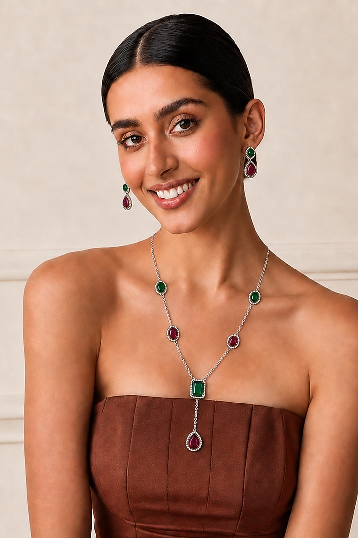 Two-Tone Finish Kundan Polki & Green Stone Necklace Set by Tad Accessories at Pernia's Pop Up Shop