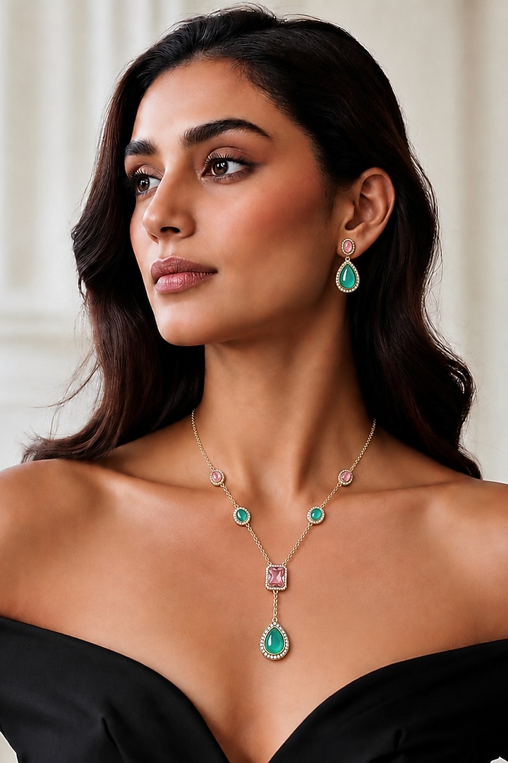 White Finish Kundan Polki & Mint Green Stone Necklace Set by Tad Accessories at Pernia's Pop Up Shop
