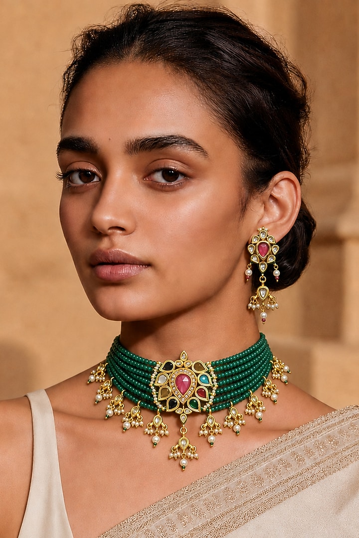 Gold Finish Kundan Polki & Multi-Colored Necklace Set by Tad Accessories at Pernia's Pop Up Shop