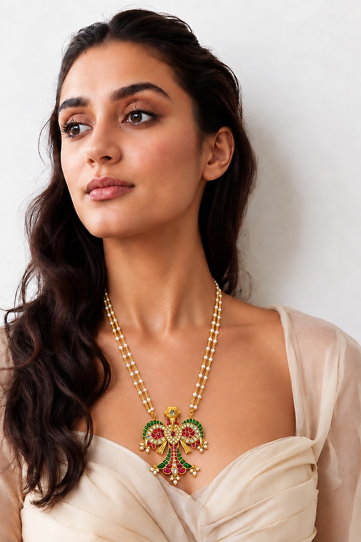 Gold Finish Kundan Polki & Multi-Colored Necklace by Tad Accessories at Pernia's Pop Up Shop