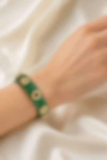 Gold Finish Kundan Polki & Green Stone Stretchable Bracelet by Tad Accessories at Pernia's Pop Up Shop