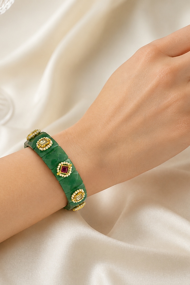 Gold Finish Kundan Polki & Green Stone Stretchable Bracelet by Tad Accessories at Pernia's Pop Up Shop