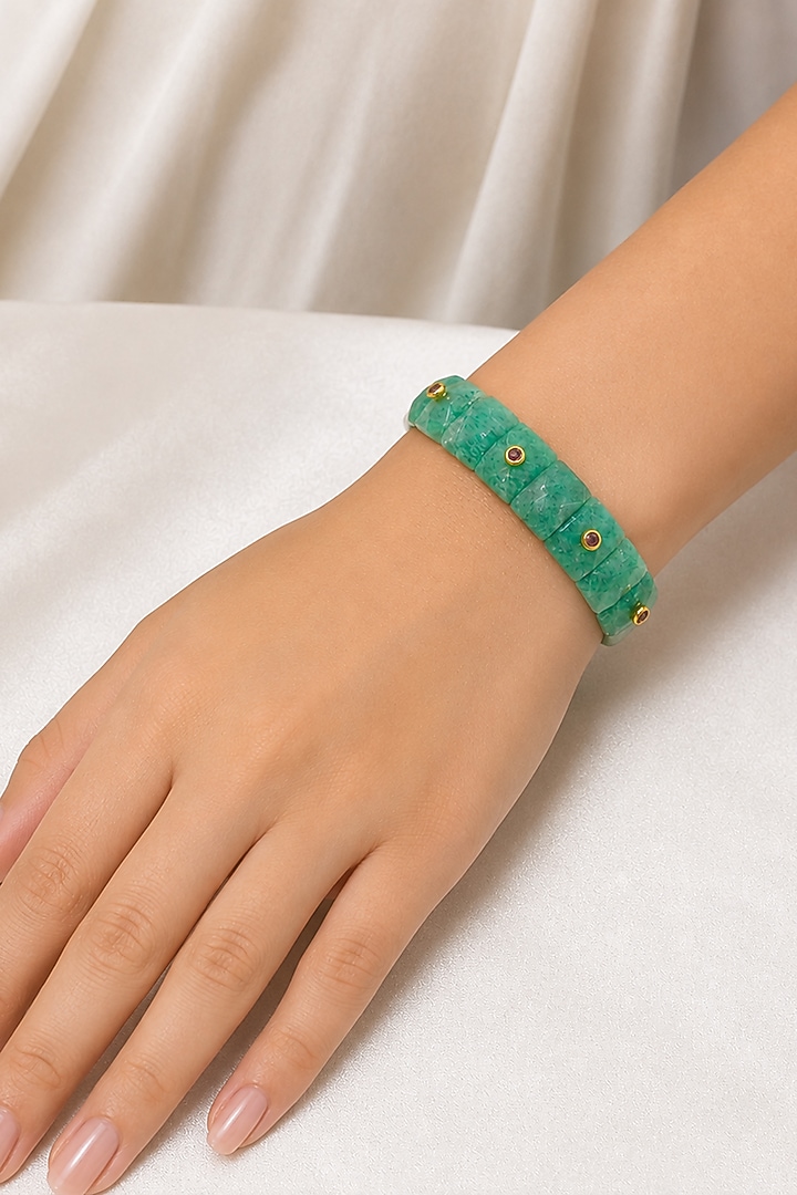 Gold Finish Kundan Polki & Mint Stone Stretchable Bracelet by Tad Accessories at Pernia's Pop Up Shop