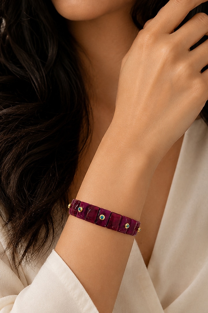 Gold Finish Kundan Polki & Ruby Stone Stretchable Bracelet by Tad Accessories at Pernia's Pop Up Shop