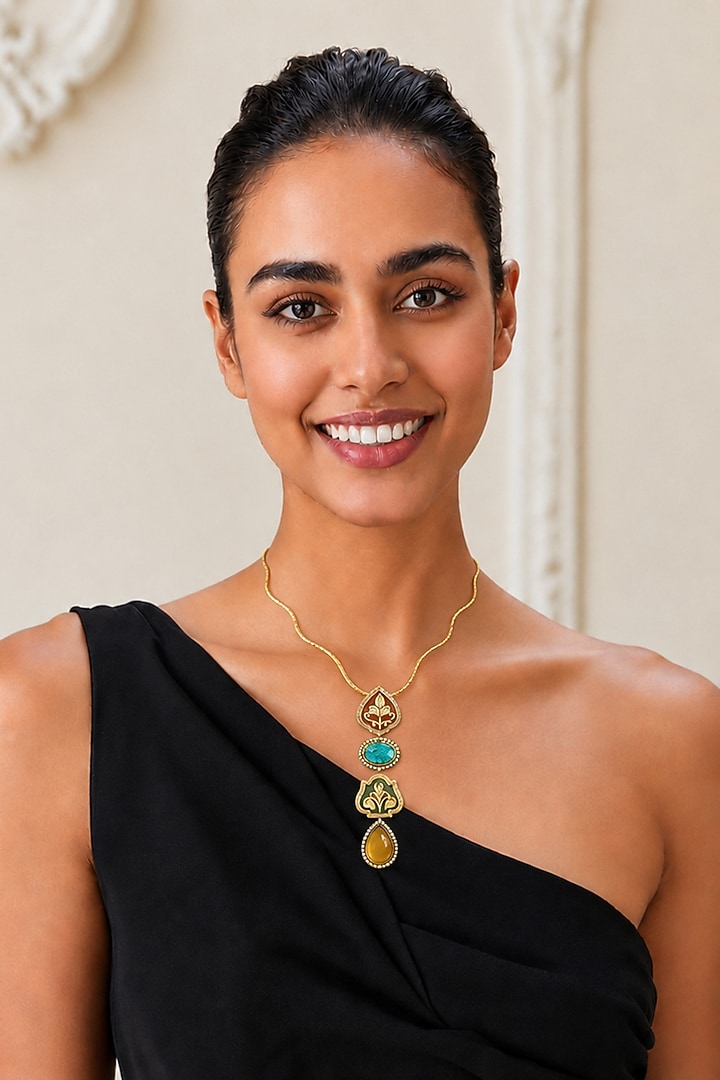 Gold Finish Kundan Polki & Multi-Colored Stone Necklace by Tad Accessories at Pernia's Pop Up Shop