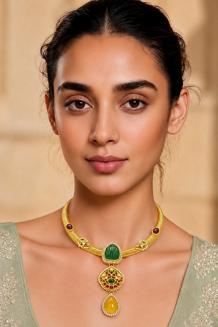 Gold Finish Kundan Polki & Multi-Colored Stone Necklace by Tad Accessories at Pernia's Pop Up Shop