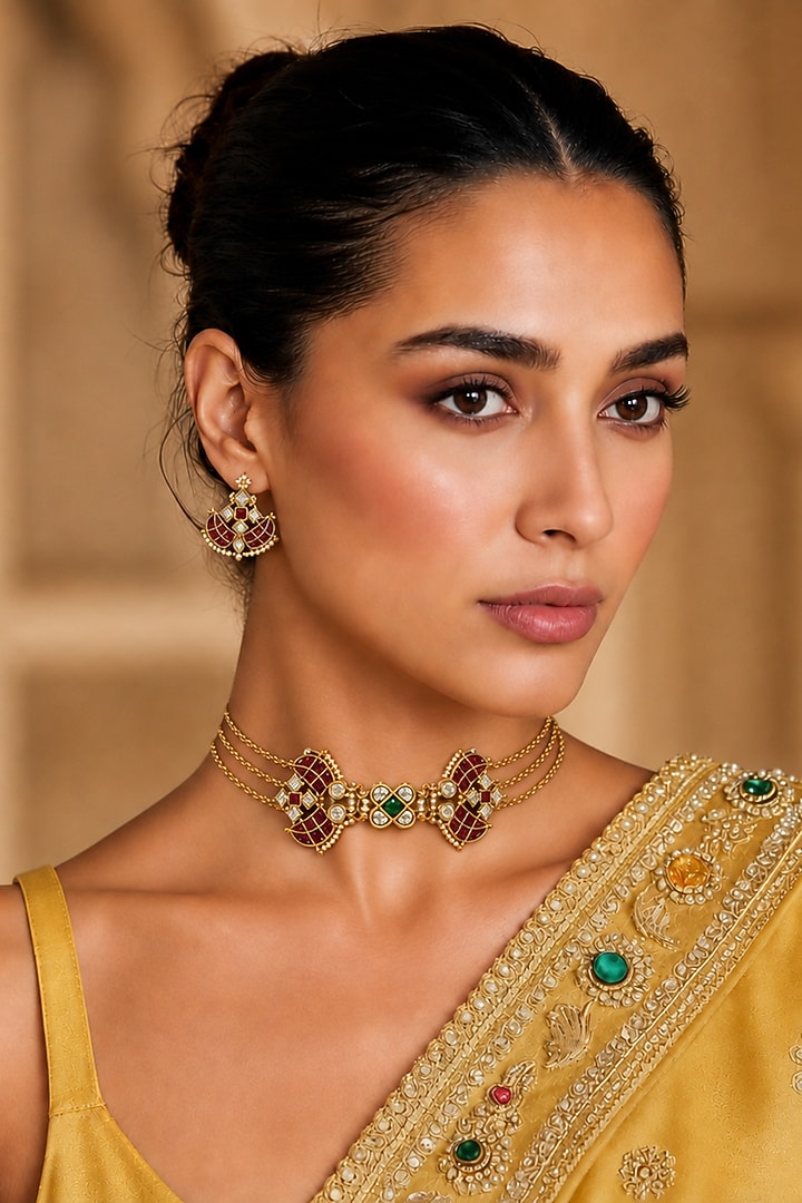 Gold Finish Kundan Polki & Ruby Stone Necklace Set by Tad Accessories at Pernia's Pop Up Shop