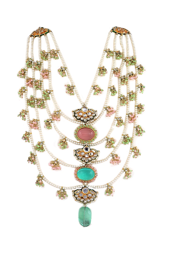 Gold Finish Pearls & Stones Mala Necklace by Tad Accessories at Pernia's Pop Up Shop