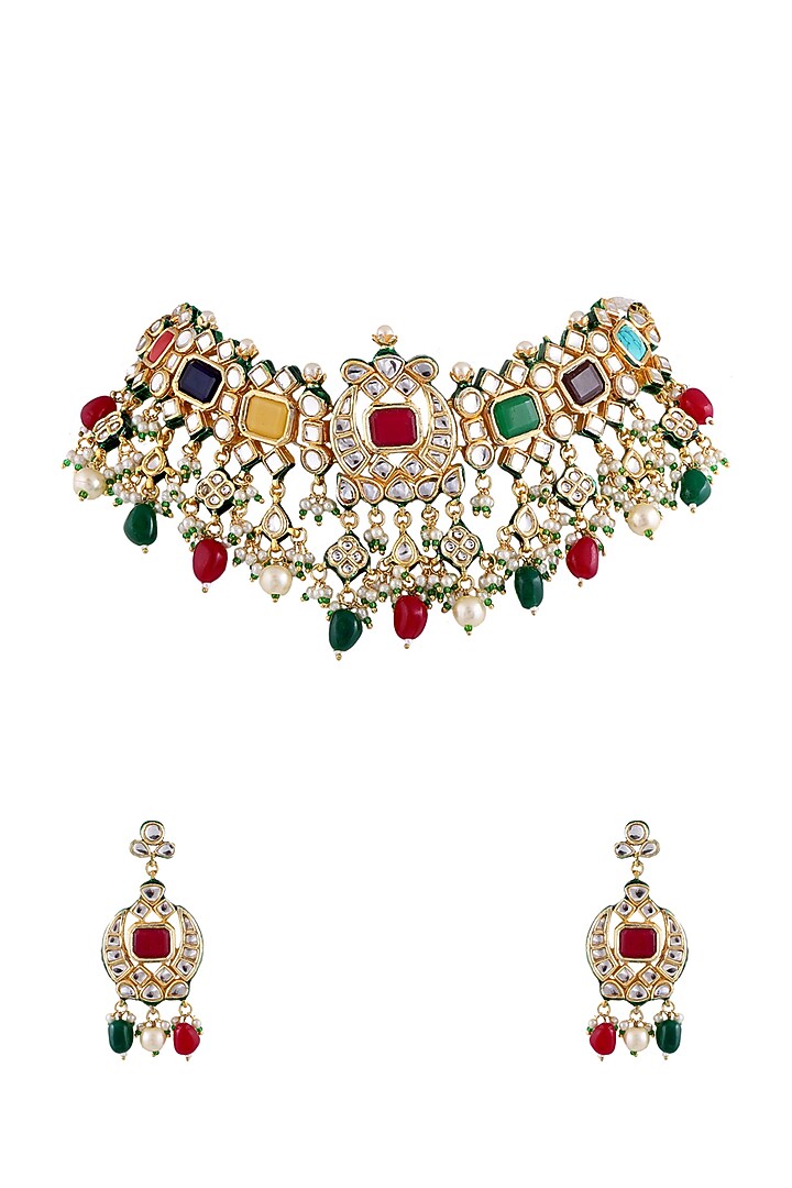 Gold Finish Kundan Choker Necklace Set by Tad Accessories at Pernia's Pop Up Shop