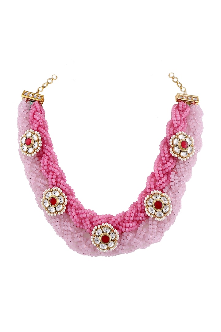Gold Finish Polki & Beads Mala Necklace by Tad Accessories at Pernia's Pop Up Shop