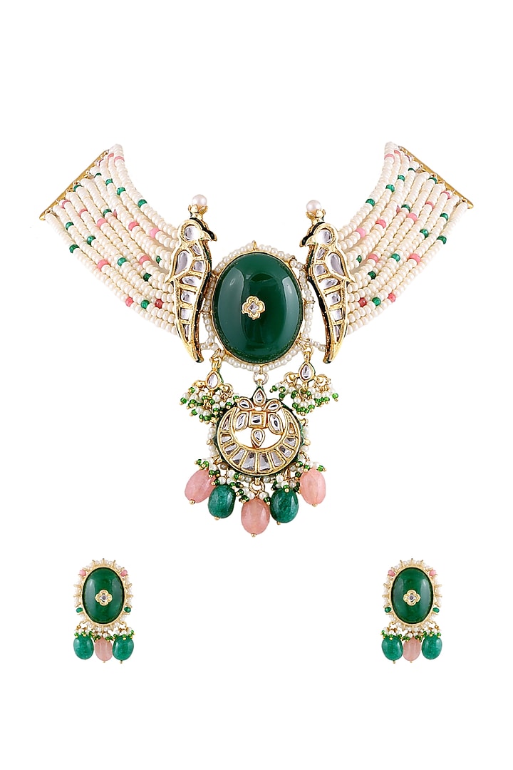 Gold Finish Necklace Set With Kundan by Tad Accessories at Pernia's Pop Up Shop