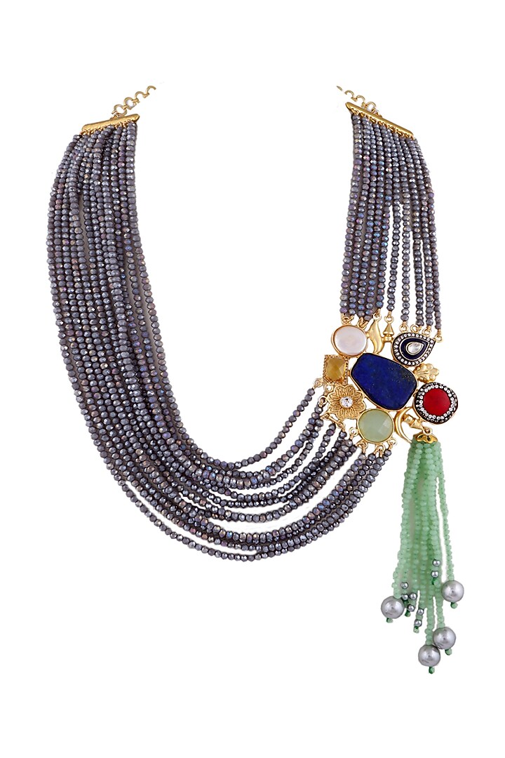 Gold Finish Semi-Precious Stone & Crystal Beaded Necklace by Tad Accessories at Pernia's Pop Up Shop