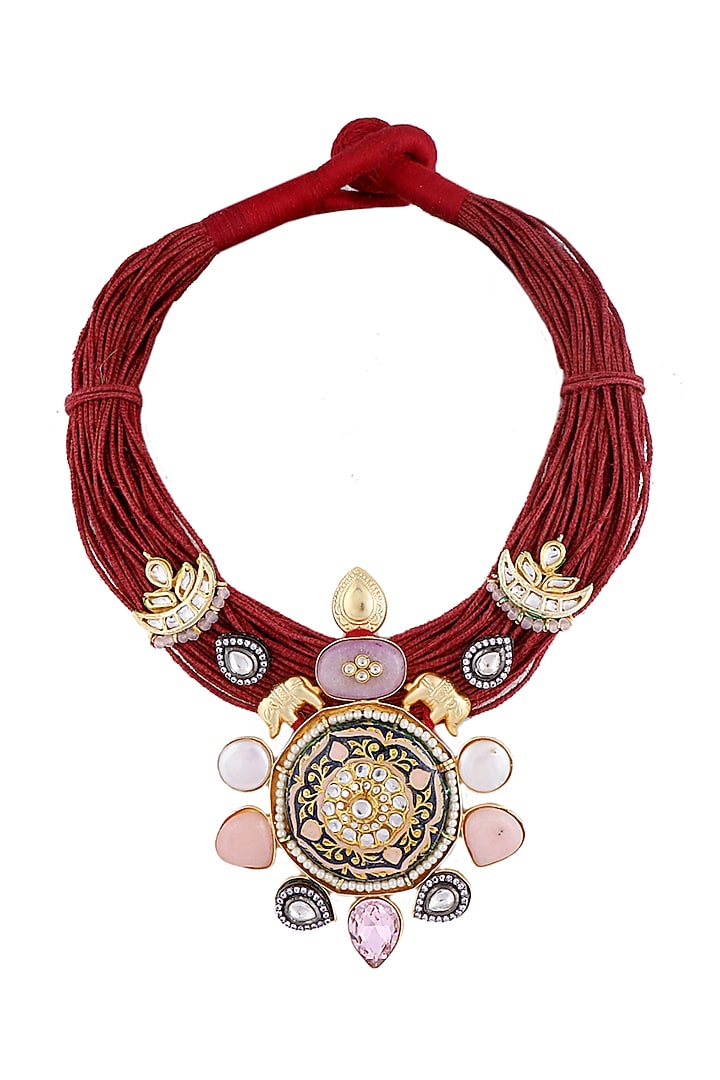 Gold Finish Kundan Polki Jute Meenakari Necklace by Tad Accessories at Pernia's Pop Up Shop
