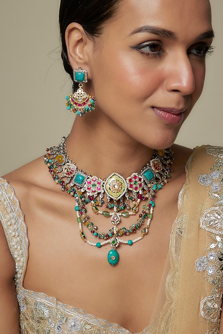 Two Tone Finish Multi-Colored Kundan Polki & Semi-Precious Stone Necklace Set by Tad Accessories at Pernia's Pop Up Shop