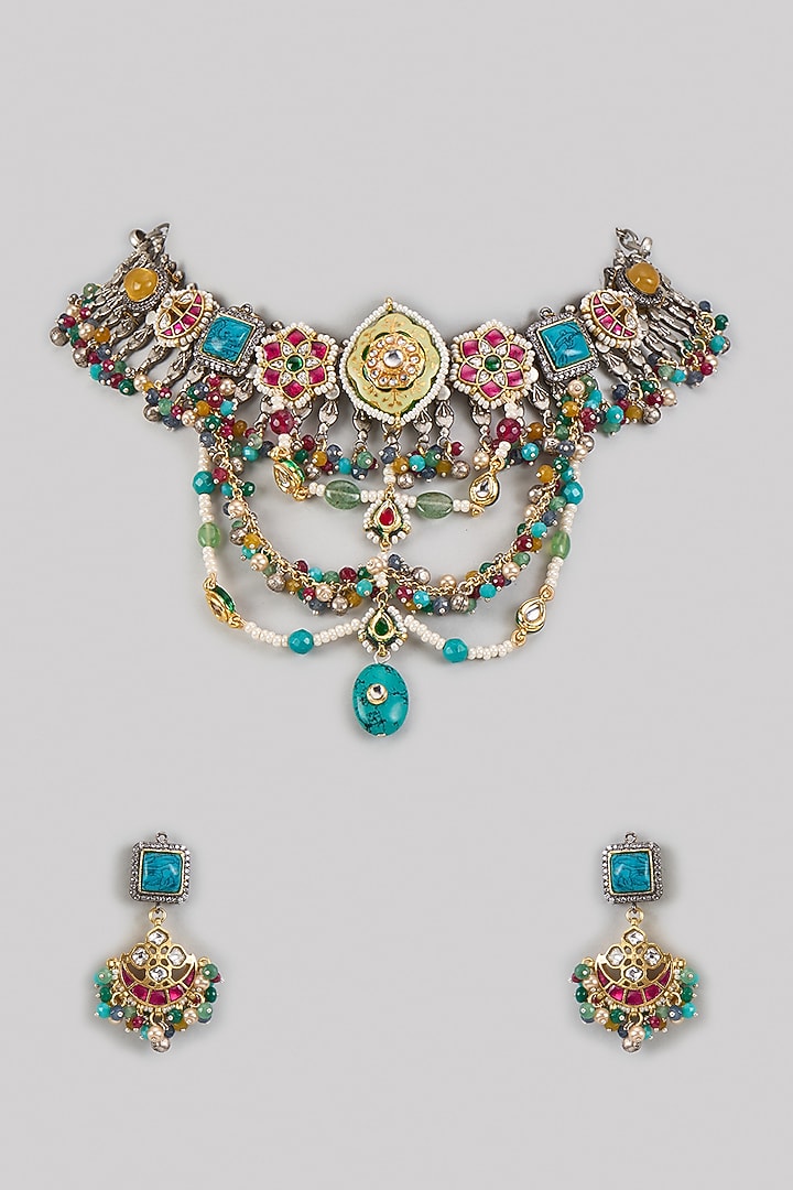 Two Tone Finish Multi-Colored Kundan Polki & Semi-Precious Stone Necklace Set by Tad Accessories at Pernia's Pop Up Shop