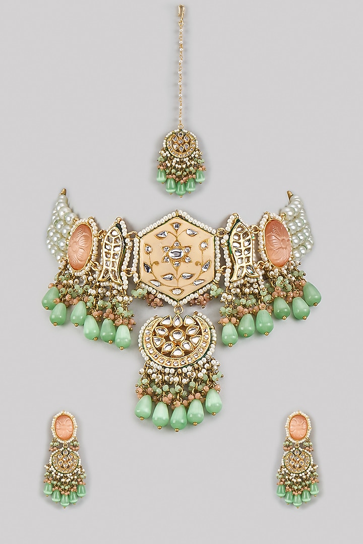 Gold Finish Green Kundan Polki & Semi-Precious Stone Choker Necklace Set by Tad Accessories at Pernia's Pop Up Shop