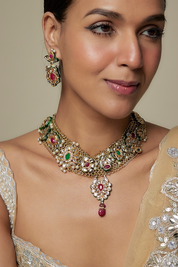Two Tone Finish Multi-Colored Kundan Polki & Semi-Precious Stone Necklace Set by Tad Accessories at Pernia's Pop Up Shop