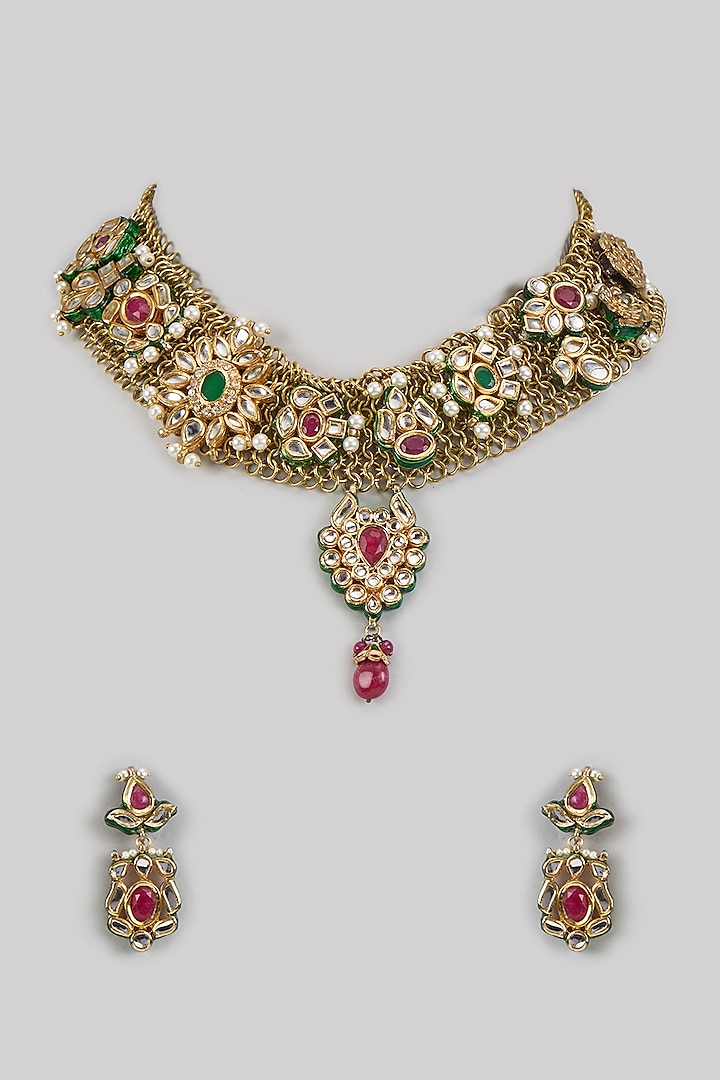 Two Tone Finish Multi-Colored Kundan Polki & Semi-Precious Stone Necklace Set by Tad Accessories at Pernia's Pop Up Shop