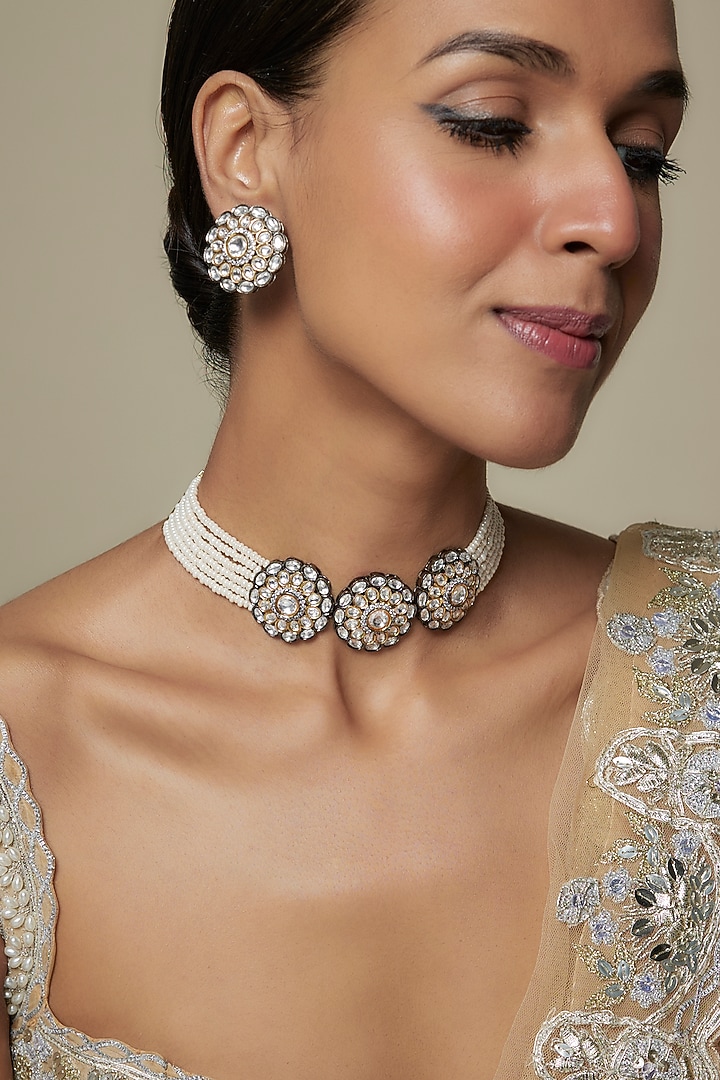 Two Tone Finish White Imitation Kundan Polki Choker Necklace Set by Tad Accessories at Pernia's Pop Up Shop