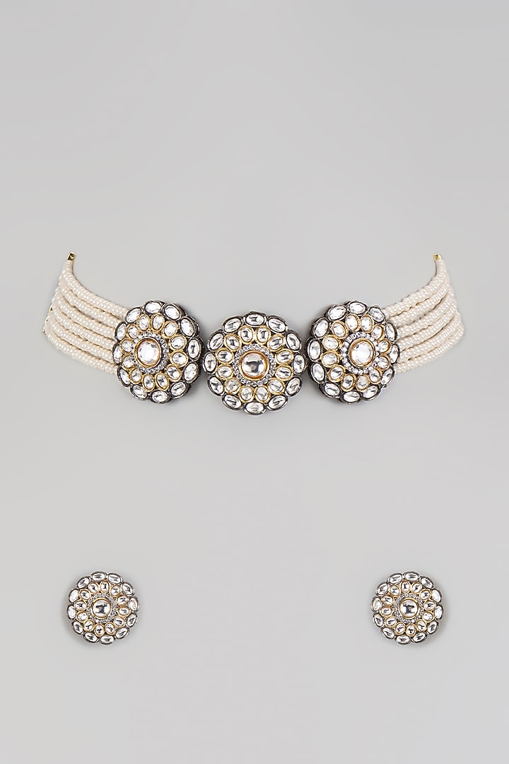 Two Tone Finish White Imitation Kundan Polki Choker Necklace Set by Tad Accessories at Pernia's Pop Up Shop