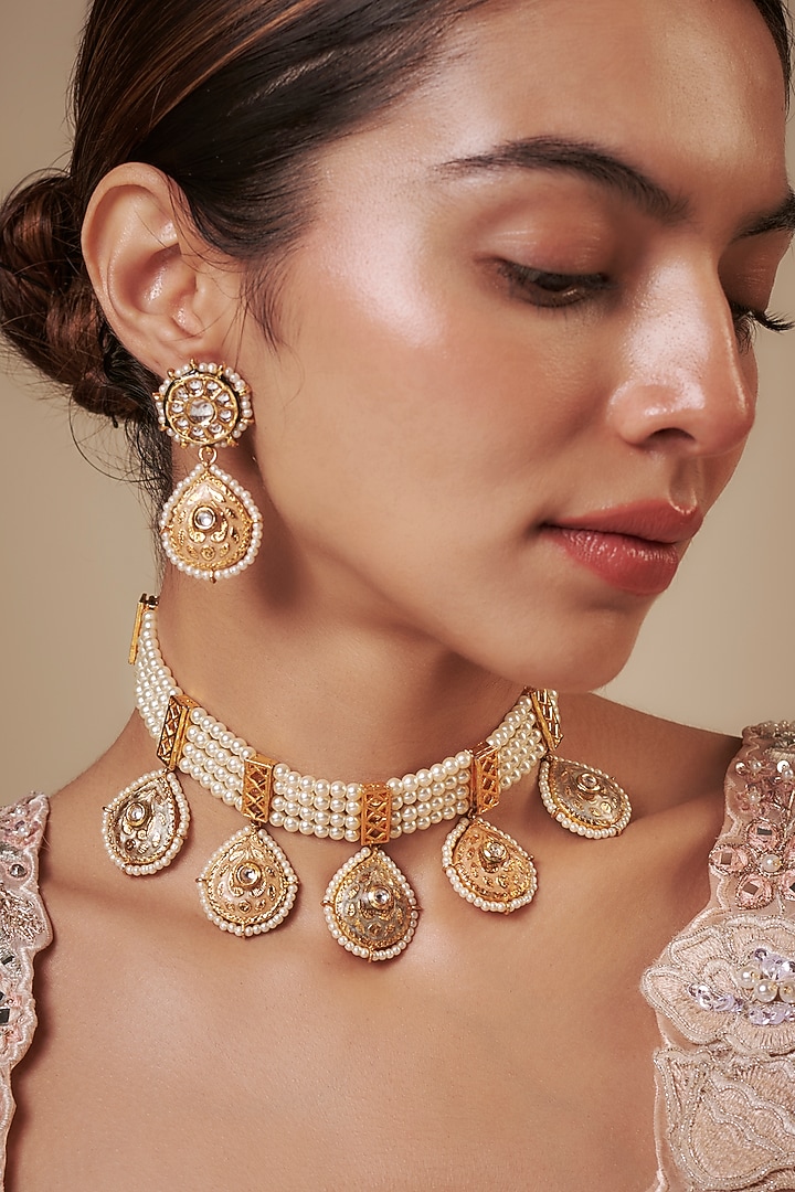 Gold Finish Imitation Kundan Polki & Pearl Choker Necklace Set by Tad Accessories at Pernia's Pop Up Shop