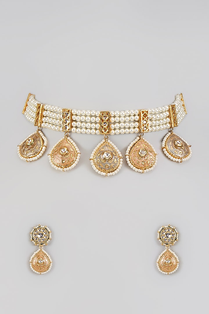 Gold Finish Imitation Kundan Polki & Pearl Choker Necklace Set by Tad Accessories at Pernia's Pop Up Shop