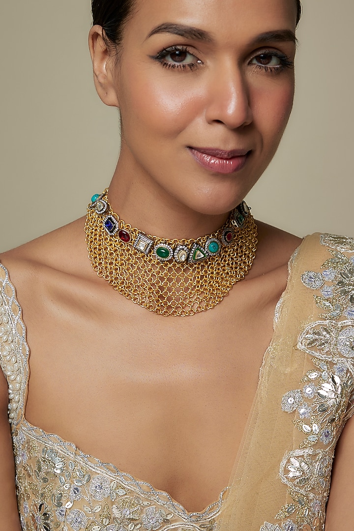 Two Tone Finish Multi-Colored Imitation Kundan Polki & Semi-Precious Stone Necklace by Tad Accessories at Pernia's Pop Up Shop