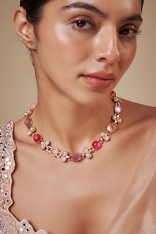 Gold Finish Pink Semi-Precious Stone Necklace by Tad Accessories