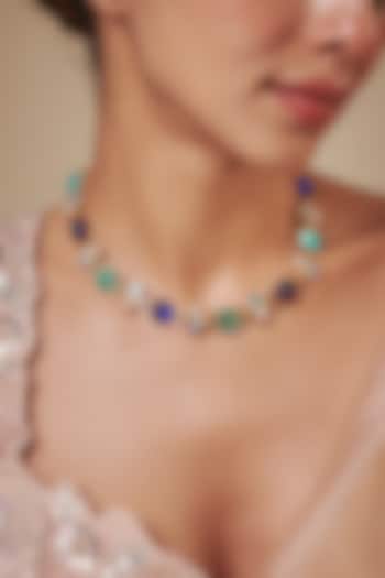 Gold Finish Blue Semi-Precious Stone Necklace by Tad Accessories at Pernia's Pop Up Shop