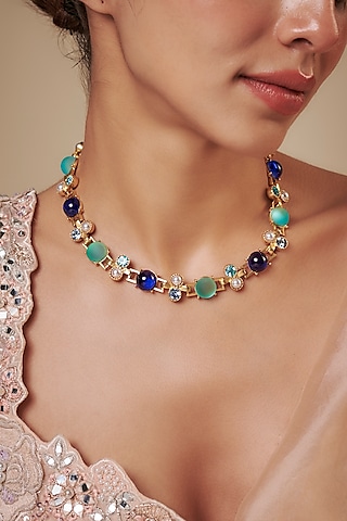 Gold Finish Blue Semi-Precious Stone Necklace by Tad Accessories