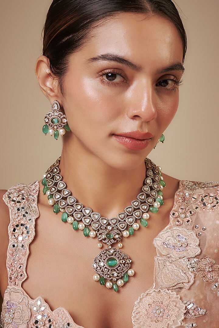 Two Tone Finish Aqua Kundan Polki & Semi-Precious Stone Necklace Set by Tad Accessories at Pernia's Pop Up Shop