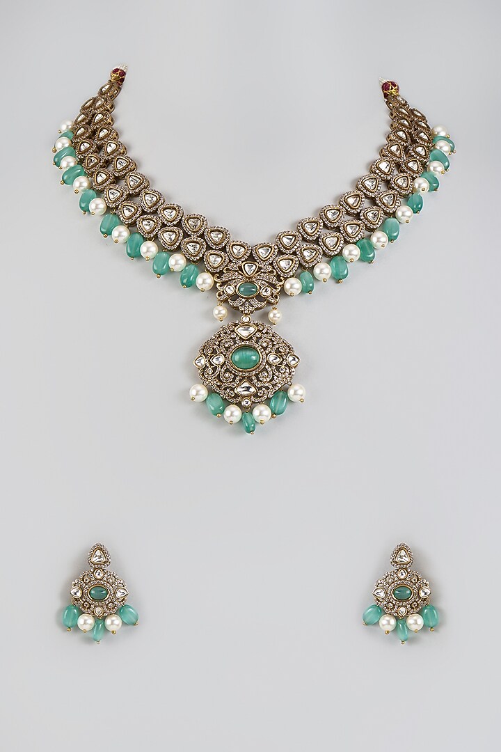 Two Tone Finish Aqua Kundan Polki & Semi-Precious Stone Necklace Set by Tad Accessories at Pernia's Pop Up Shop