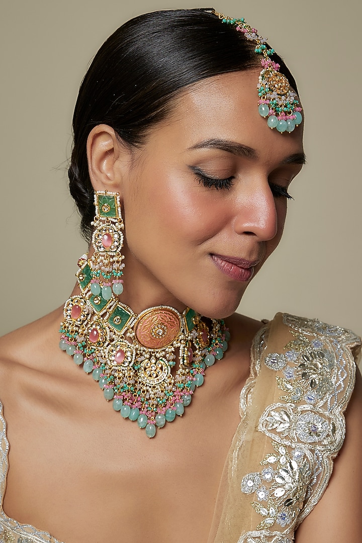 Gold Finish Multi-Colored Kundan Polki & Semi-Precious Stone Necklace Set by Tad Accessories at Pernia's Pop Up Shop