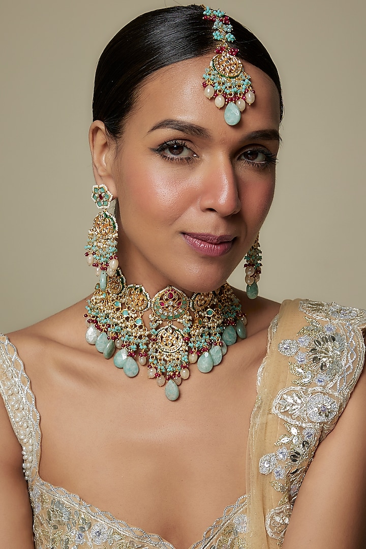 Gold Finish Multi-Colored Kundan Polki & Semi-Precious Stone Necklace Set by Tad Accessories at Pernia's Pop Up Shop