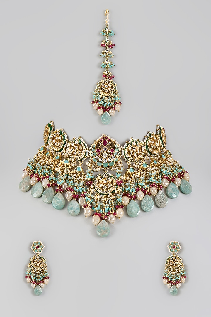 Gold Finish Multi-Colored Kundan Polki & Semi-Precious Stone Necklace Set by Tad Accessories at Pernia's Pop Up Shop