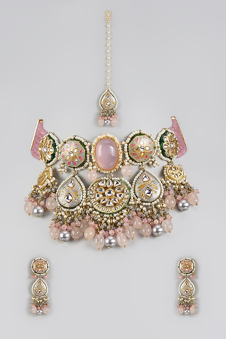 Gold Finish Multi-Colored Kundan Polki & Semi-Precious Stone Necklace Set by Tad Accessories at Pernia's Pop Up Shop