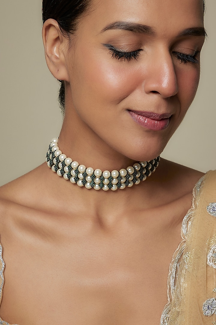 Two Tone Finish CZ Stone & Pearl Choker Necklace by Tad Accessories at Pernia's Pop Up Shop