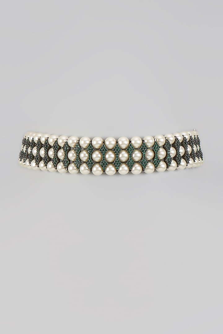 Two Tone Finish CZ Stone & Pearl Choker Necklace by Tad Accessories at Pernia's Pop Up Shop