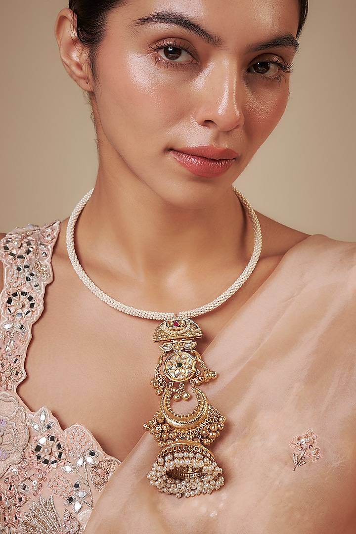 Gold Finish Imitation Kundan Polki & Pearl Necklace by Tad Accessories at Pernia's Pop Up Shop