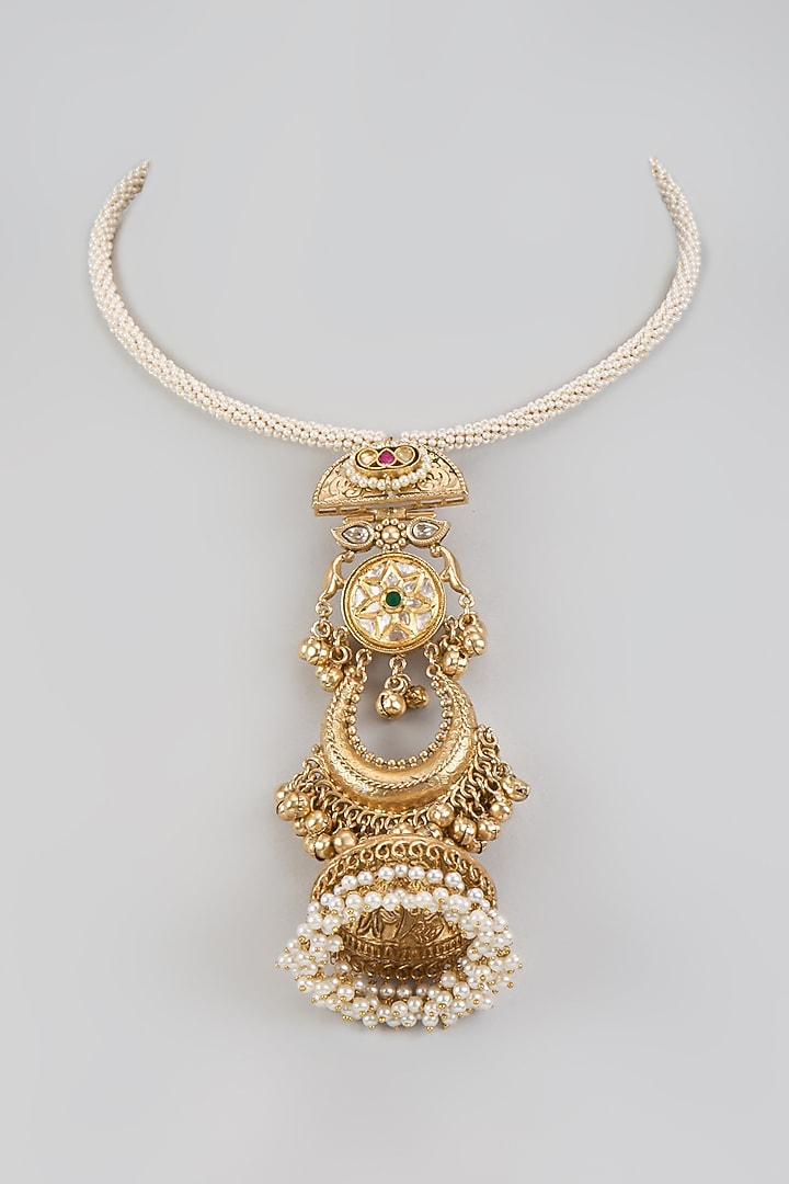 Gold Finish Imitation Kundan Polki & Pearl Necklace by Tad Accessories at Pernia's Pop Up Shop