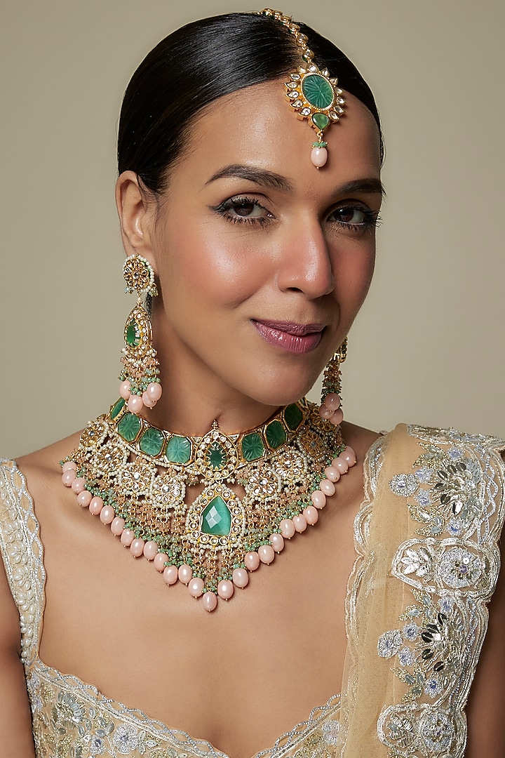 Gold Finish Green Kundan Polki & Semi-Precious Stone Necklace Set by Tad Accessories at Pernia's Pop Up Shop