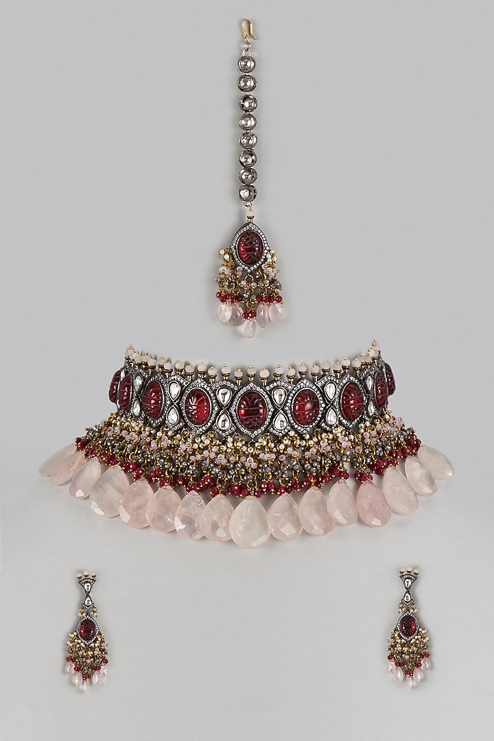Two-Tone Finish Imitation Kundan Polki & Red Semi-Precious Stone Choker Necklace Set by Tad Accessories at Pernia's Pop Up Shop