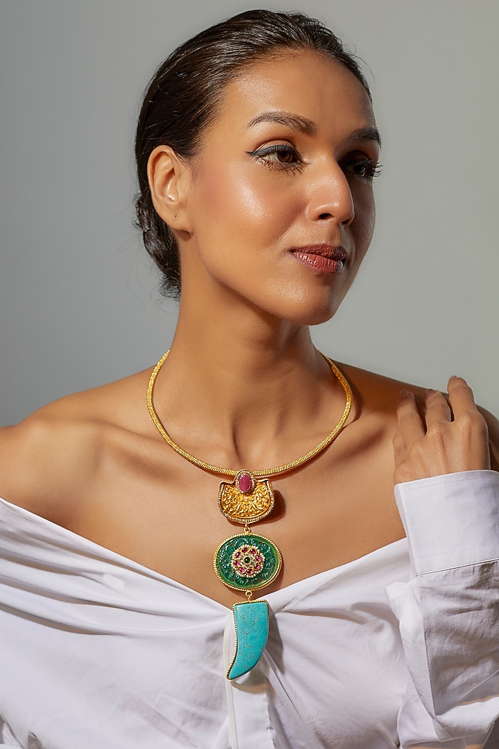Gold Finish Turquoise & Semi-Precious Stone Necklace Set by Tad Accessories at Pernia's Pop Up Shop