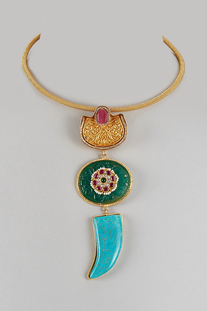 Gold Finish Turquoise & Semi-Precious Stone Necklace Set by Tad Accessories at Pernia's Pop Up Shop