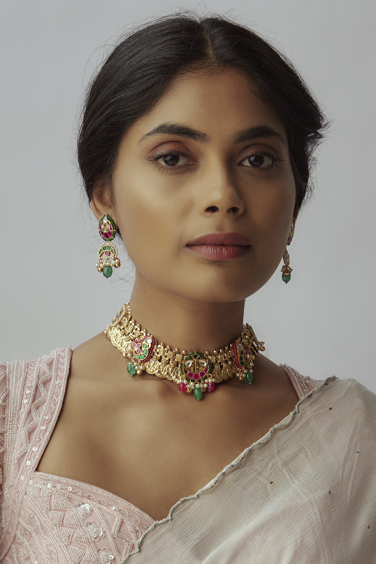 Gold Finish Imitation Kundan Polki & Semi-Precious Stone Choker Necklace Set by Tad Accessories at Pernia's Pop Up Shop