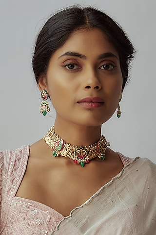 Gold Finish Imitation Kundan Polki & Semi-Precious Stone Choker Necklace Set by Tad Accessories