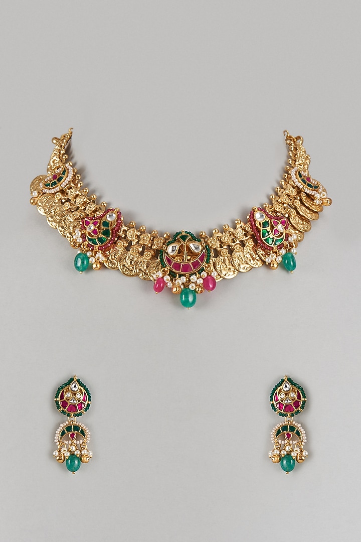 Gold Finish Imitation Kundan Polki Semi-Precious Stone Choker Necklace  Set by Tad Accessories at Pernia's Pop Up Shop